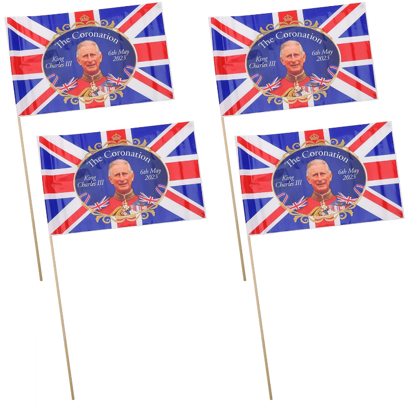 Pack of 4 King Charles III Union Jack Coronation Souvenir Flags On Sticks - British Decorations - Coronation Street Parties