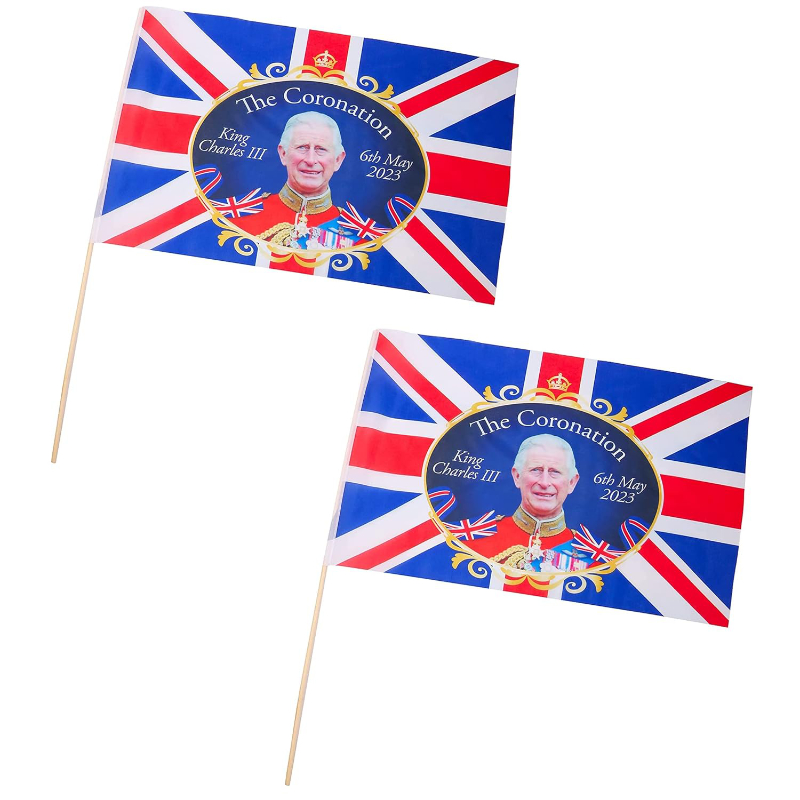 Pack of 2-2ft x 1.3ft (61cm x 41cm) King Charles III Union Jack Coronation Souvenir Flag On Stick - British Decorations - Coronation Street Parties