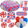 King Charles III Coronation 83 Piece Party Bundle - 1 x Large Tablecloth, 20 Napkins, 12 Paper Cups, 10 Bowls, 10 Plates & 30 Red, White & Blue Latex Balloons - British Decorations