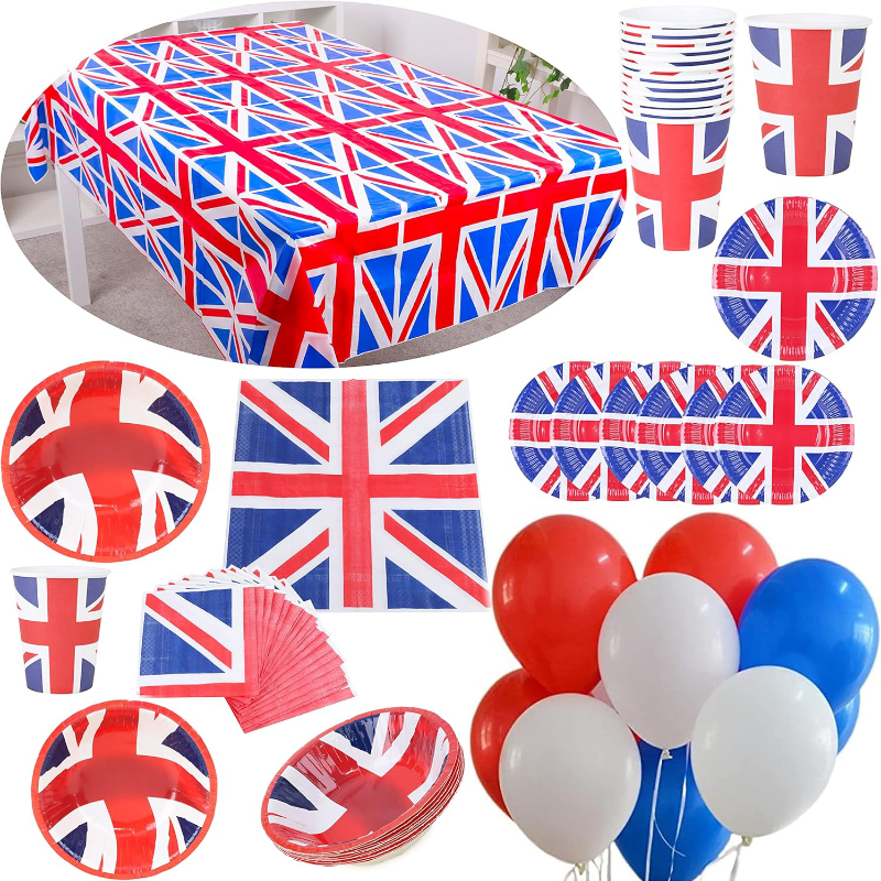 King Charles III Coronation 83 Piece Party Bundle - 1 x Large Tablecloth, 20 Napkins, 12 Paper Cups, 10 Bowls, 10 Plates & 30 Red, White & Blue Latex Balloons - British Decorations