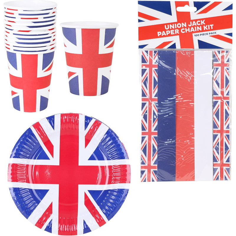 British Jubilee Party Pack - Pack of 100 Paper Chains, 12 Cups & 10 Paper Plates - Queen Jubilee Decorations - Union Jack Decs