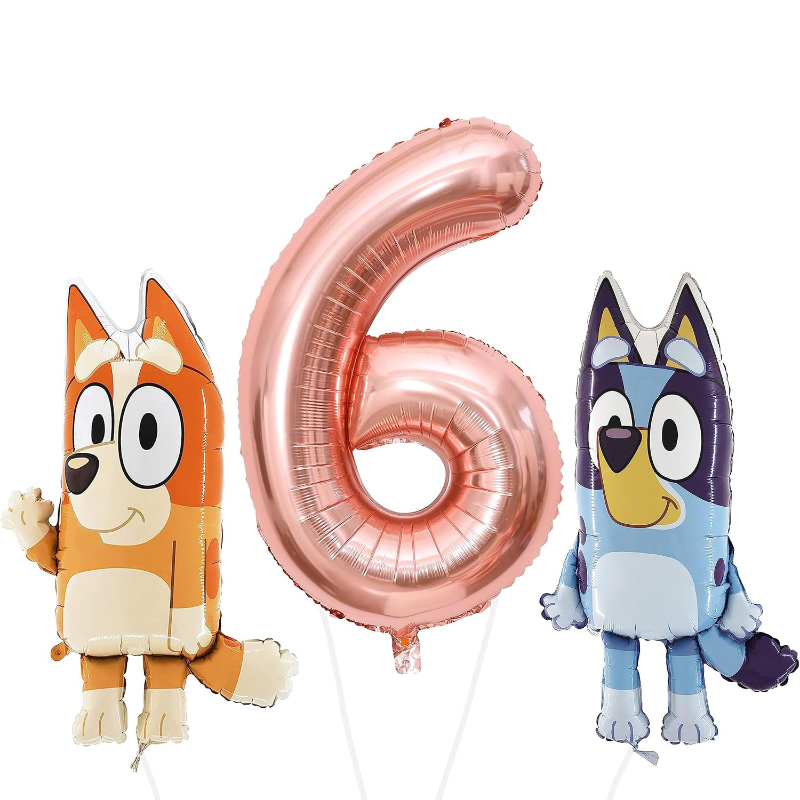 81cm (32") Bluey & Bingo Foil Balloon Pack - Character Balloons & 1 x 101cm (40") Number 6 Balloon - Rose Gold.