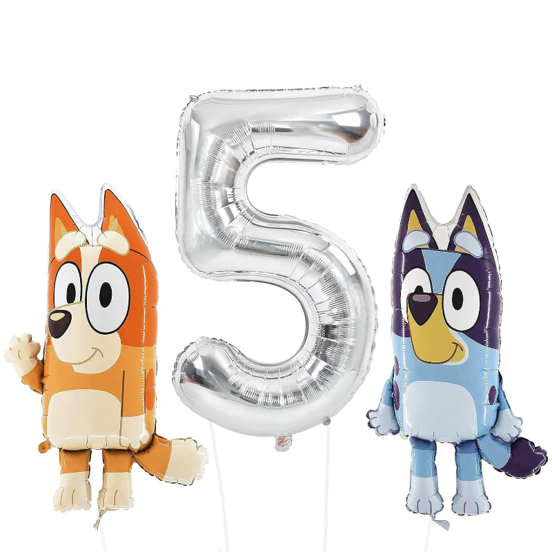 81cm (32") Bluey & Bingo Foil Balloon Pack - Character Balloons & 1x 101cm (40") Number 5 Balloon - Rose Gold.