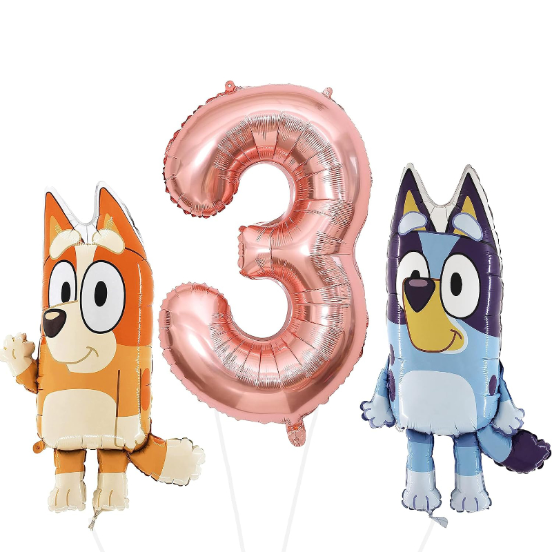 81cm (32") Bluey & Bingo Foil Balloon Pack - Character Balloons & 1 x 101cm (40") Number 3 Balloon - Rose Gold.