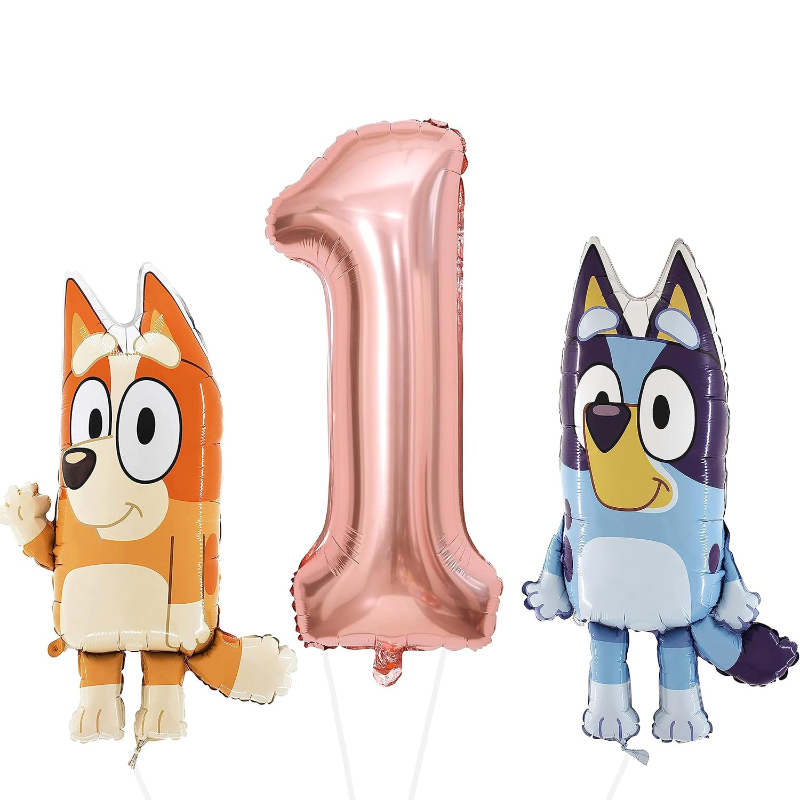 81cm (32") Bluey & Bingo Foil Balloon Pack - Character Balloons & 1 x 101cm (40") Number 1 Balloon - Rose Gold.