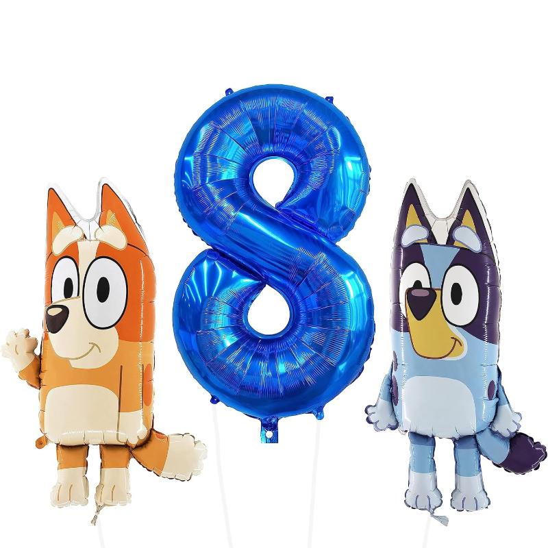 81cm (32") Bluey & Bingo Foil Balloon Pack - Character Balloons & 1 x 101cm (40") Number 8 Balloon - Blue.