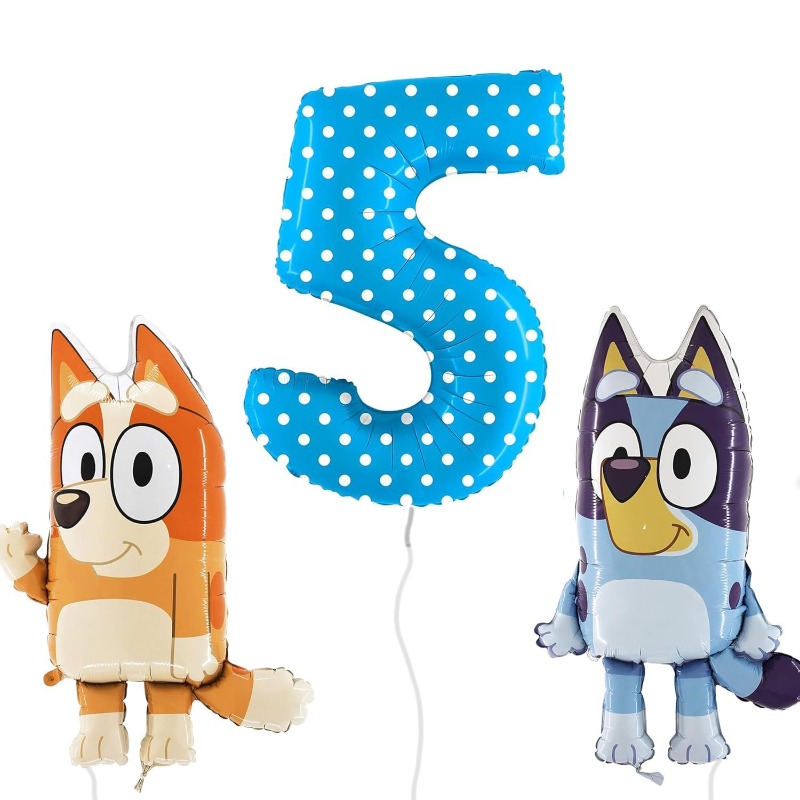81cm Bluey & Bingo Foil Balloon Pack – Character Balloons & 1 x 101cm (40″) Number 5 Balloon – Blue.