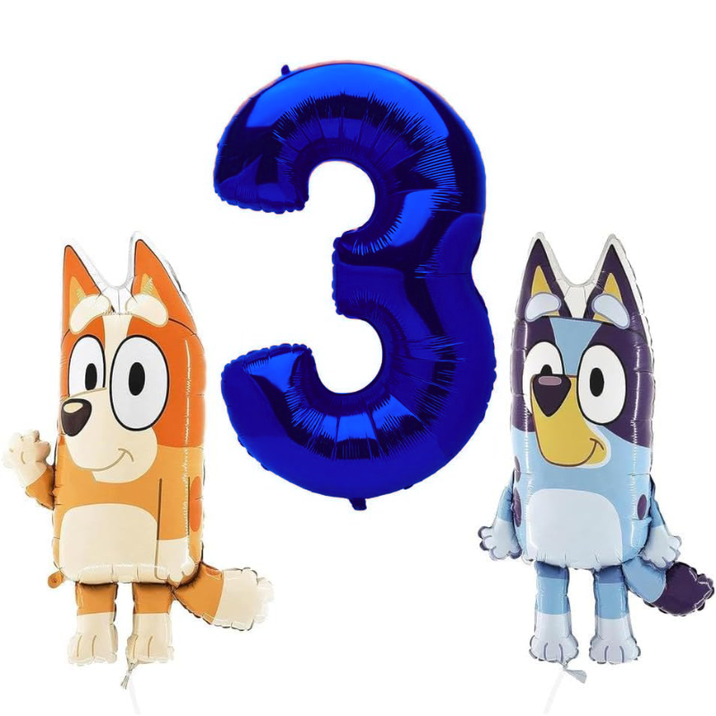 81cm (32") Bluey & Bingo Foil Balloon Pack – Character Balloons & 1 x 101cm (40″) Number 3 Balloon – Blue.