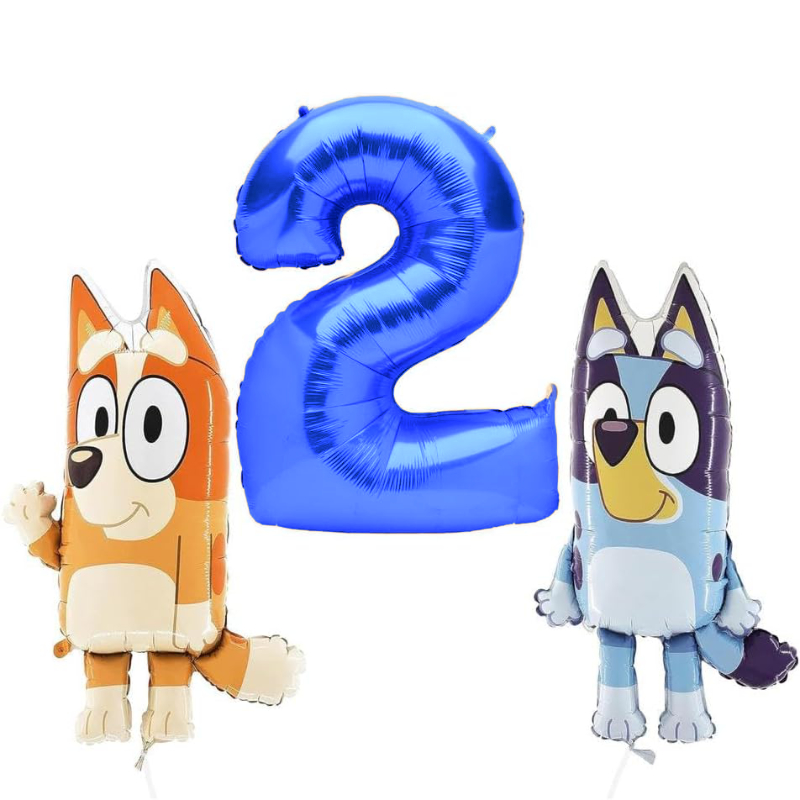 81cm (32") Bluey & Bingo Foil Balloon Pack – Character Balloons & 1 x 101cm (40″) Number 2 Balloon – Blue.