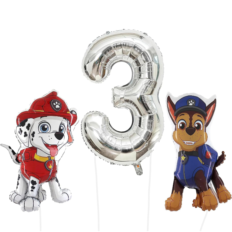 81cm (32") Chase & Marshall Paw Patrol Foil Balloon Pack - Character Balloons & 1 x 101cm (40") Number 3 Balloon - Silver.