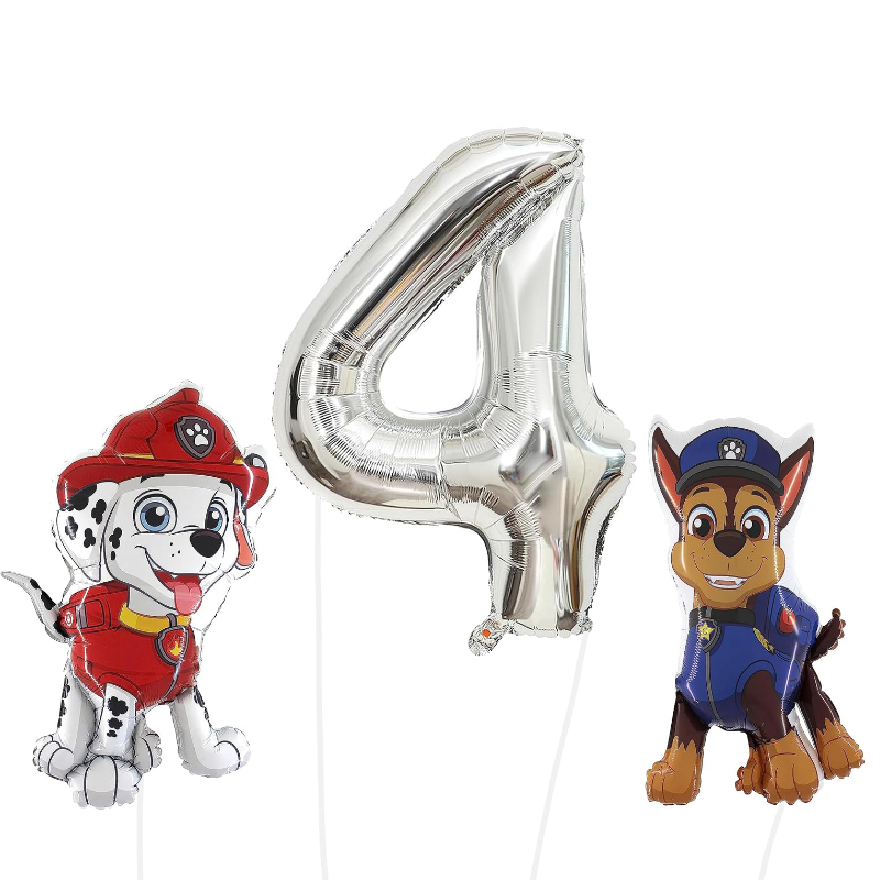 81cm (32") Chase & Marshall Paw Patrol Foil Balloon Pack - Character Balloons & 1 x 101cm (40") Number 4 Balloon - Silver.