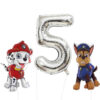 81cm (32") Chase & Marshall Paw Patrol Foil Balloon Pack - Character Balloons & 1 x 101cm (40") Number 5 Balloon - Silver.