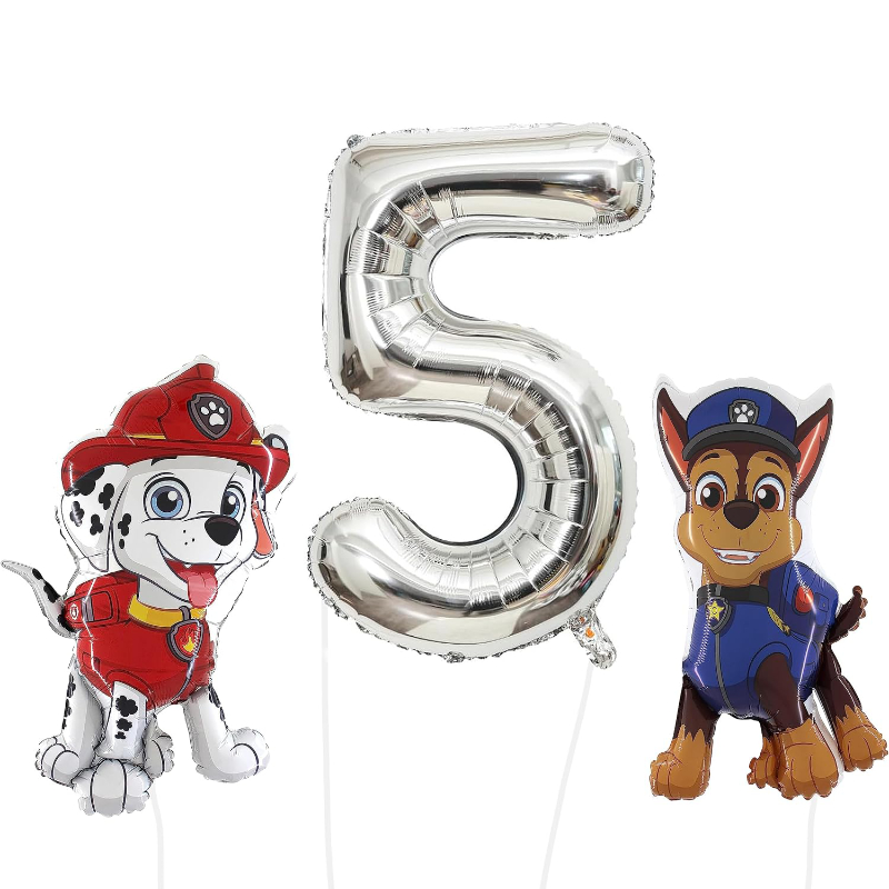 81cm (32") Chase & Marshall Paw Patrol Foil Balloon Pack - Character Balloons & 1 x 101cm (40") Number 5 Balloon - Silver.
