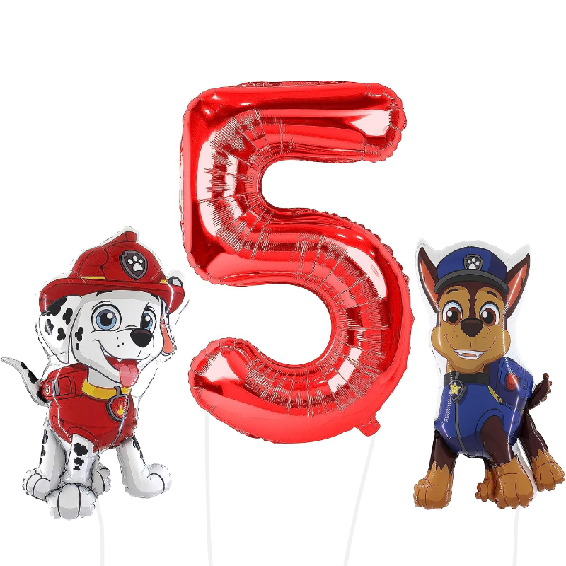 81cm (32") Pack Of 2 - Chase & Marshall Paw Patrol Foil Balloon - Character Balloons & 1 x 101cm (40") Number 5 Balloon - Red.