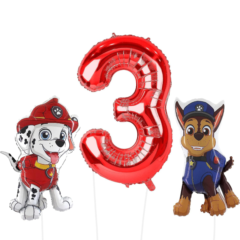 81cm (32") Pack of 2 - Chase & Marshall Paw Patrol Foil Balloon Pack - Character Balloons & 1 x 101cm (40") Number 3 Balloon - Red.