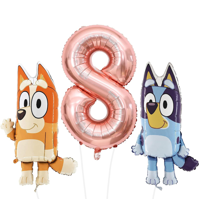 81cm (32") Pack of 2 - Bluey & Bingo Foil Balloon Pack - Character Balloons & 1 x 101cm (40") Number 8 Balloon - Rose Gold.