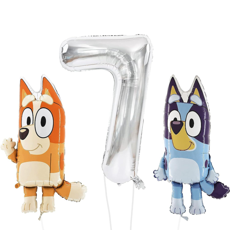 81cm (32") Bluey & Bingo Foil Balloon Pack - Character Balloons & 1 x 101cm (40") Number 7 Balloon - Rose Gold.