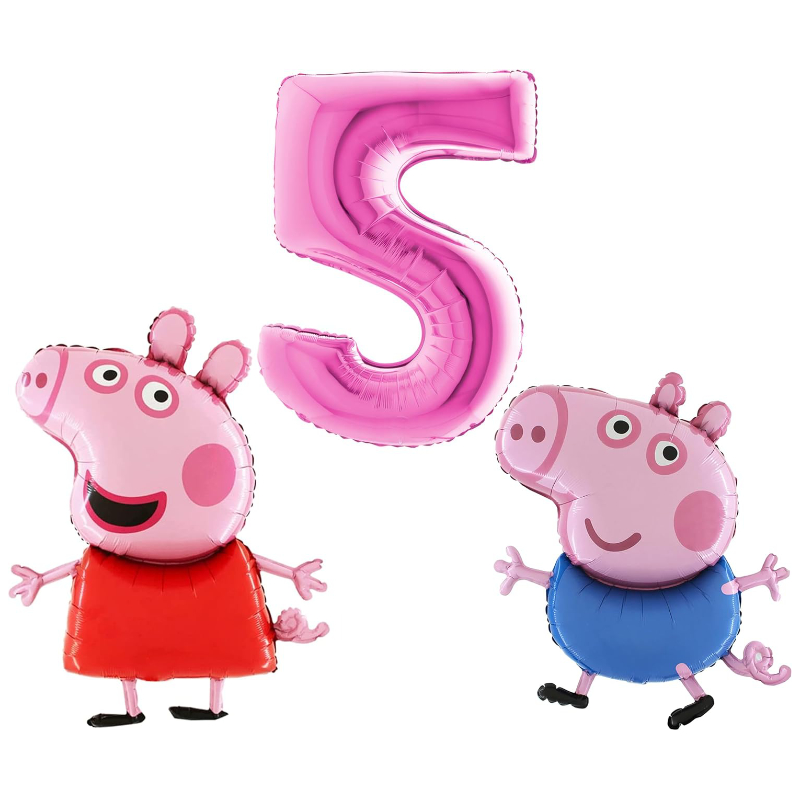 Peppa & George Pig Foil Balloon Pack - 2 x 37" Character Balloons & 1 x 40" Number 5 Balloon - Pink.