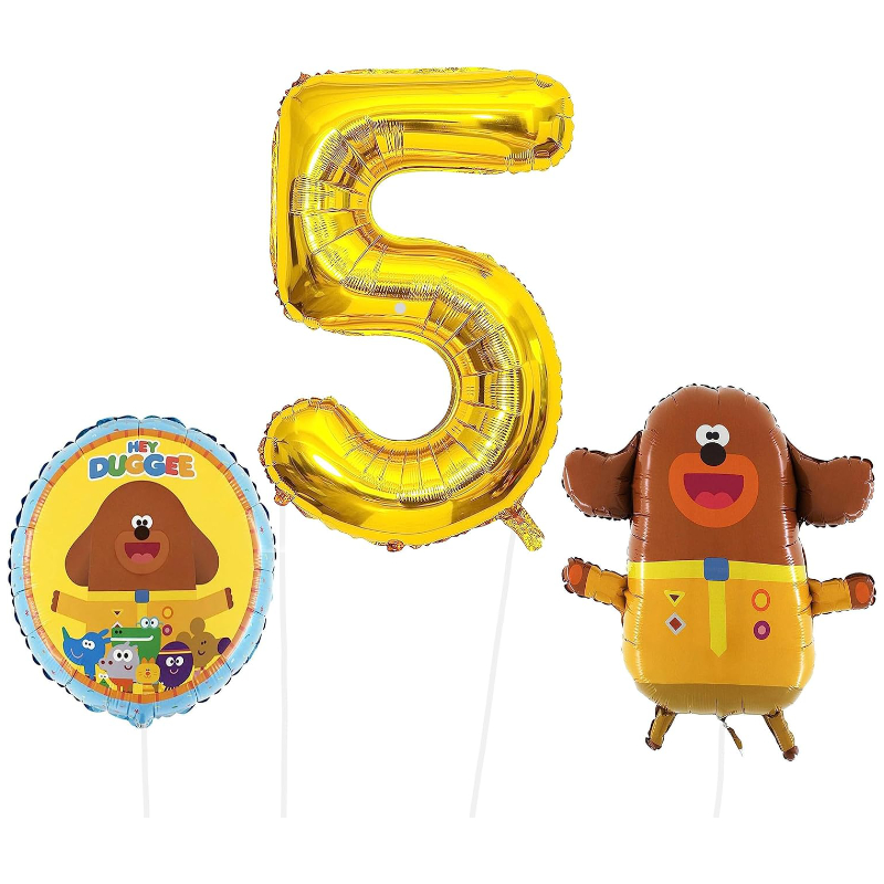 Hey Duggee Foil Balloon Pack - 1 x 25" Character Balloon, 1 x 18" Round Foil & 1 x 40" Number 5 Balloon - Gold.