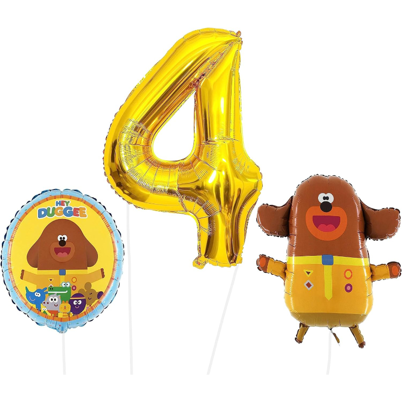 Hey Duggee Foil Balloon Pack - 1 x 25" Character Balloon, 1 x 18" Round Foil & 1 x 40" Number 4 Balloon - Gold.
