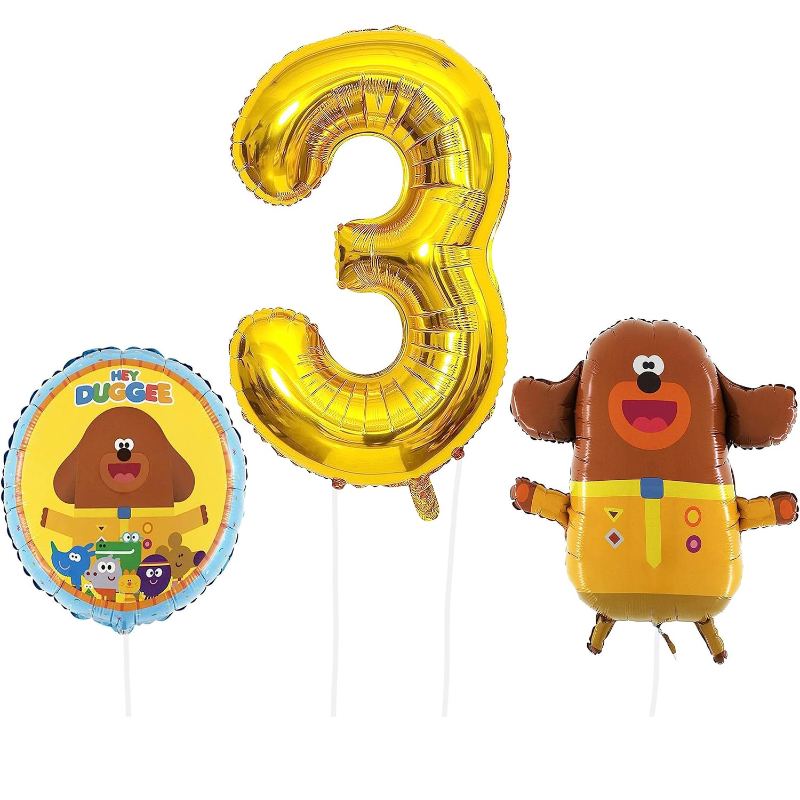 Hey Duggee Foil Balloon Pack - 1 x 25" Character Balloon, 1 x 18" Round Foil & 1 x 40" Number 3 Balloon - Gold.