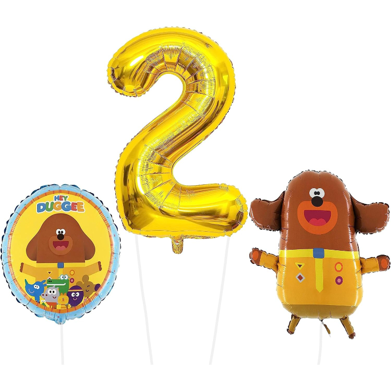 Hey Duggee Foil Balloon Pack - 1 x 25" Character Balloon, 1 x 18" Round Foil & 1 x 40" Number 2 Balloon - Gold.