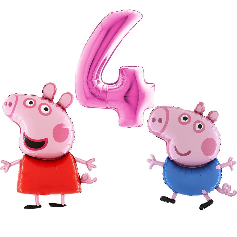 Peppa & George Pig Foil Balloon Pack - 2 x 37" Character Balloons & 1 x 40" Number 4 Balloon - Pink.