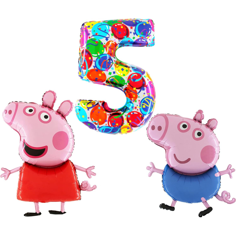 Peppa & George Pig Foil Balloon Pack - 2 x 37" Character Balloons & 1 x 40" Number 5 Balloon - Multi-coloured.