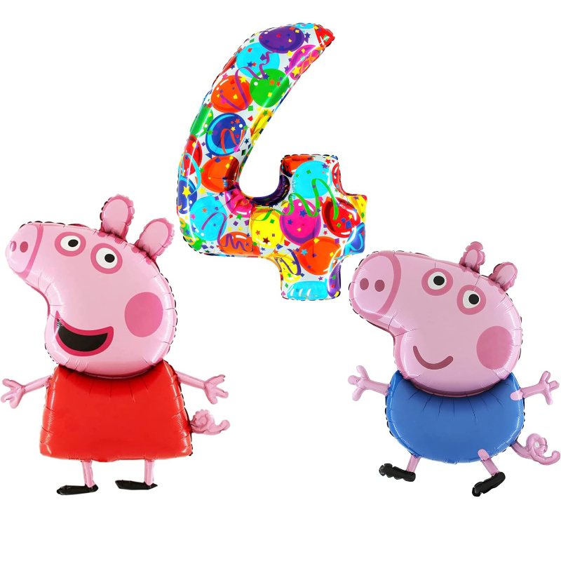Peppa & George Pig Foil Balloon Pack - 2 x 37" Character Balloons & 1 x 40" Number 4 Balloon - Multi-coloured.