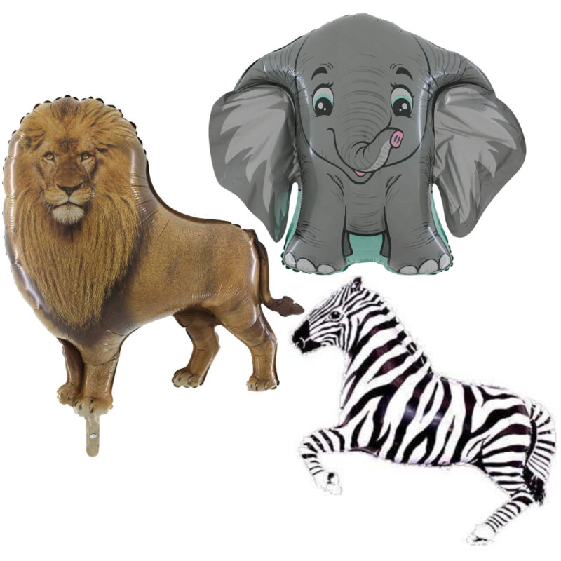 Assorted Zoo Animals Foil Balloon Pack - 1 x 32" Lion, 1 x 26" Zebra & 1 x 40" Elephant Balloon - Kids Party Decorations