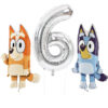 Bluey & Bingo Foil Balloon Pack - 2 x 32" Character Balloons & 1 x 40" Number 6 Balloon - Silver.