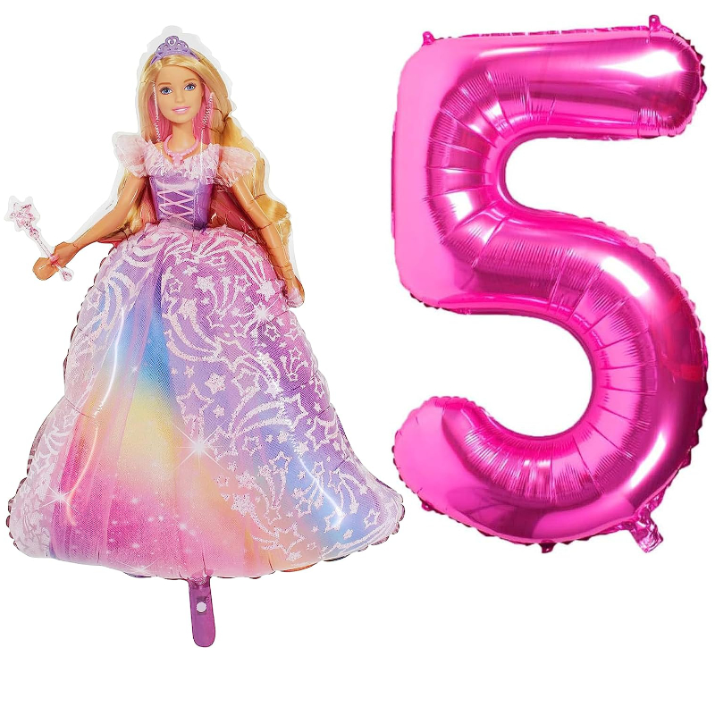 Barbie Foil Balloon Pack - 1 x 42" Character Balloon & 1 x 40" Number 5 Balloon - Pink.