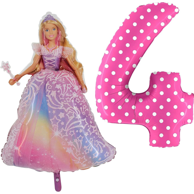 Barbie Foil Balloon Pack - 1 x 42" Character Balloon & 1 x 40" Number 4 Balloon - Pink.