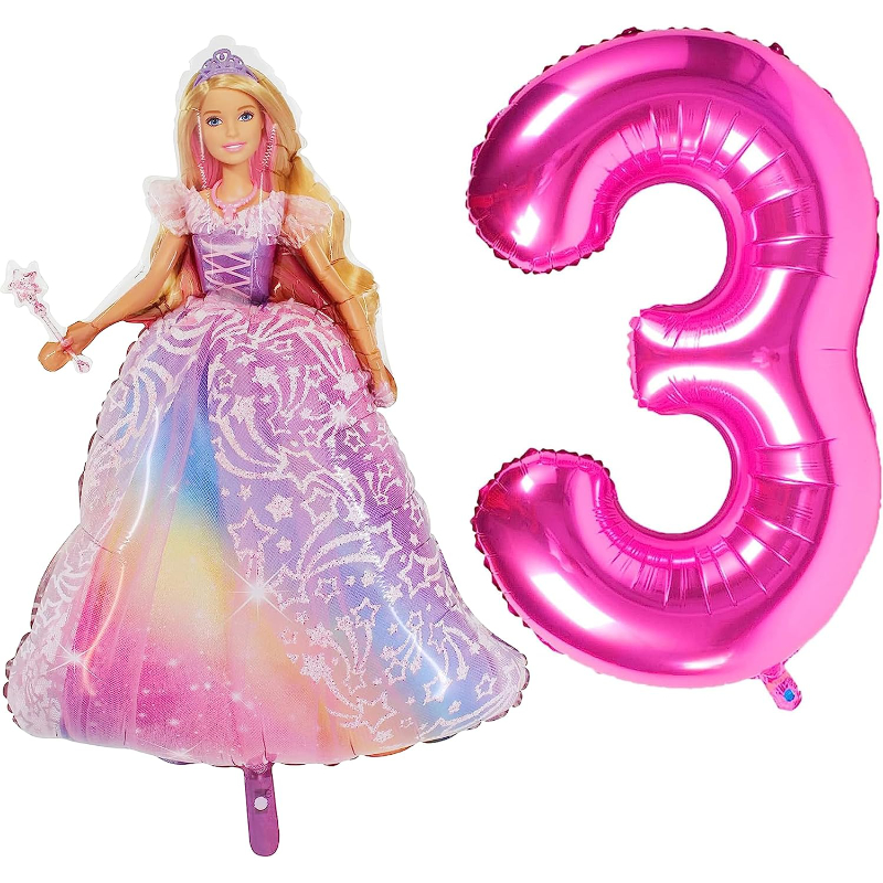 Barbie Foil Balloon Pack - 1 x 42" Character Balloon & 1 x 40" Number 3 Balloon - Pink.