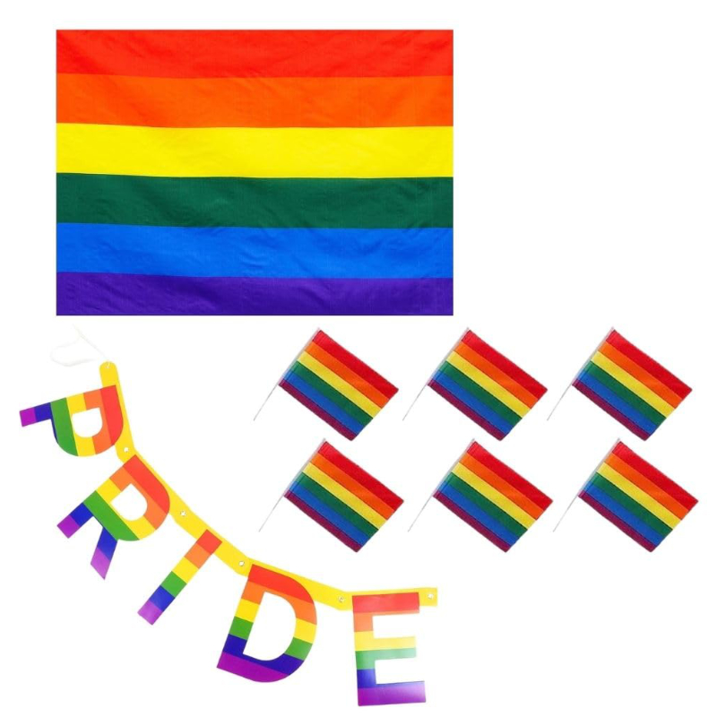 8 Piece Pride Decorations Set – LGBTQ+ Party Accessories – 2.7FT Rainbow Flag, Pack of 6 Hand Flags on Sticks & Pride Banner – Gay Pride Month Bundle