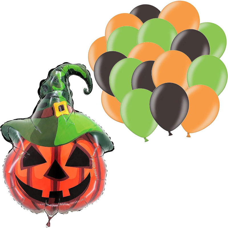 Halloween Balloon Pack - 1 x 24" Pumpkin Foil Balloon & 30 Latex Balloons: 10 x Black, Green & Orange - Spooky Party Decorations