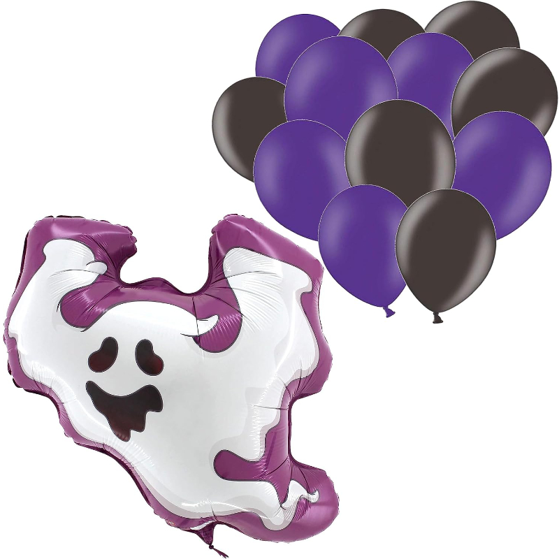 Halloween Balloon Pack - 1 x 23" Ghost Foil Balloon & 30 Latex Balloons: 15 x Purple & Black - Spooky Party Decorations