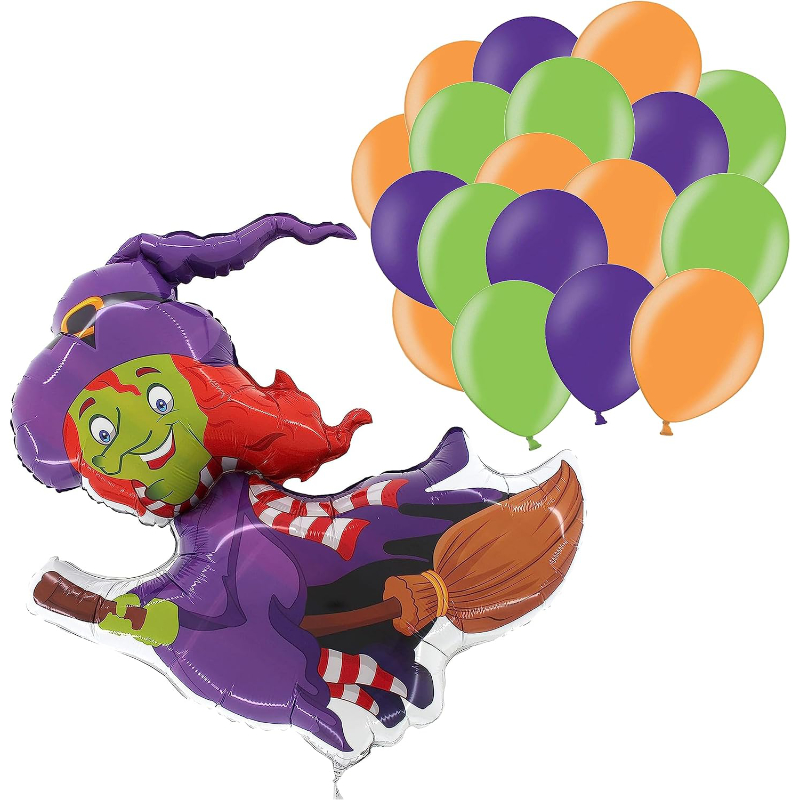 Halloween Balloon Pack - 1 x 28" Witch Foil Balloon & 30 Latex Balloons: 10 x Purple, Green & Orange - Spooky Party Decorations