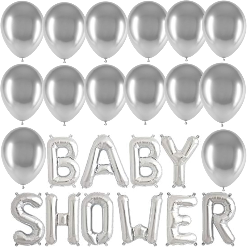 Silver Baby Shower Balloon Pack - 1 x 41cm (16") Baby Shower Balloon Banner & 20 x 31cm (12") Latex Balloons