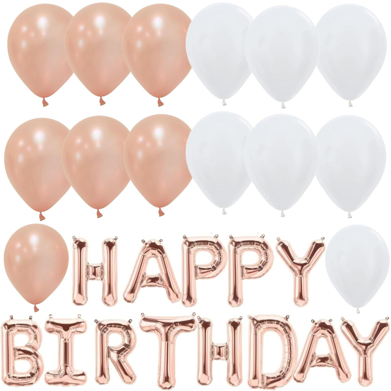 Rose Gold Happy Birthday Balloon Pack - 1 x 41cm (16") Happy Birthday Balloon Banner & 30 x 31cm (12") Mixed Latex Balloons - Party Decorations