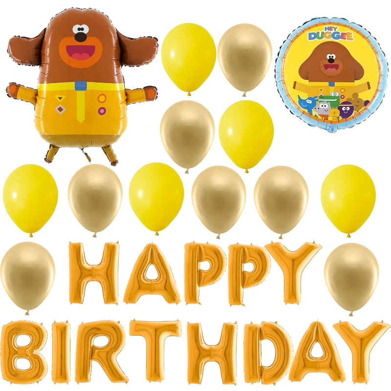 Hey Duggee Birthday Balloon Pack - 1 x 41cm (16") Happy Birthday Balloon Banner, 2 x 46cm (18") Round Balloons, 1 x 64cm (25") Character Balloon & 15 x 31cm (12") Latex Balloons