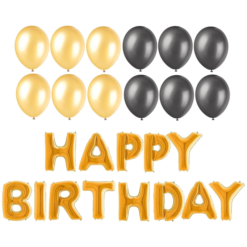 Gold Happy Birthday Balloon Pack - 1 x 41cm (16") Happy Birthday Balloon Banner & 30 x 31cm (12") Mixed Latex Balloons