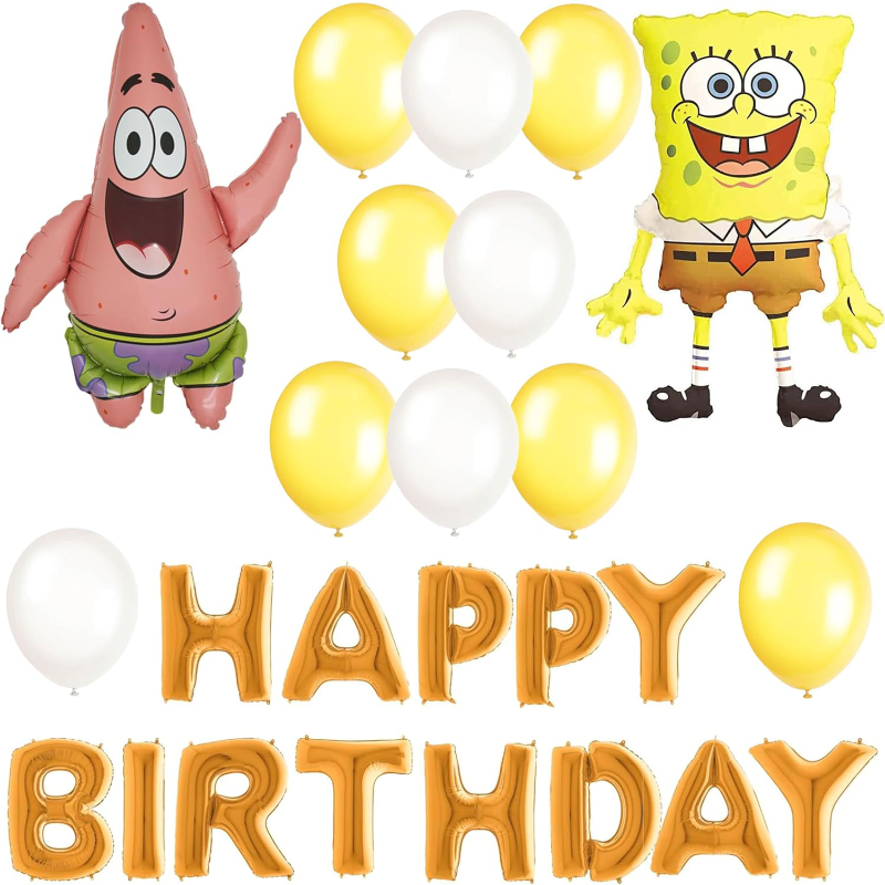 Spongebob & Patrick Birthday Balloon Pack - 1 x 41cm (16") Happy Birthday Balloon Banner, 1 x 74cm (29") Character Balloons, 1 x 91cm (36") Character Balloon & 30 x 31cm (12") Latex Balloons