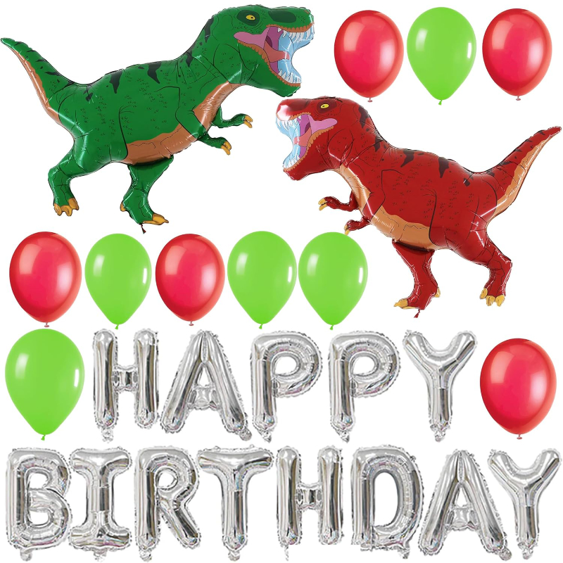Dinosaur Birthday Balloon Pack - 1 x 41cm (16") Happy Birthday Balloon Banner, 2 x 100cm (39") Character Balloons & 10 x 31cm (12") Latex Balloons