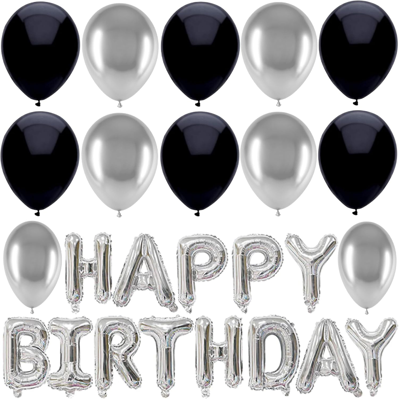 Silver Happy Birthday Balloon Pack - 1 x 41cm (16") Happy Birthday Balloon Banner & 30 x 31cm (12") Latex Balloons