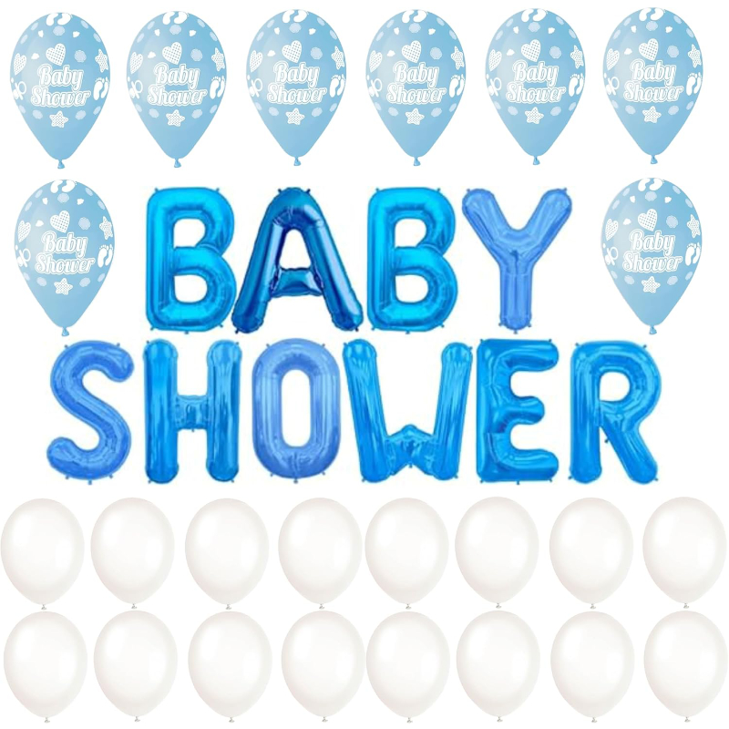 Blue & White Baby Shower Balloon Pack - 1 x 41cm (16") Baby Shower Balloon Banner, 10 x 31cm (12") Spotty Latex & 10 x 31cm (12") Plain Latex Balloons