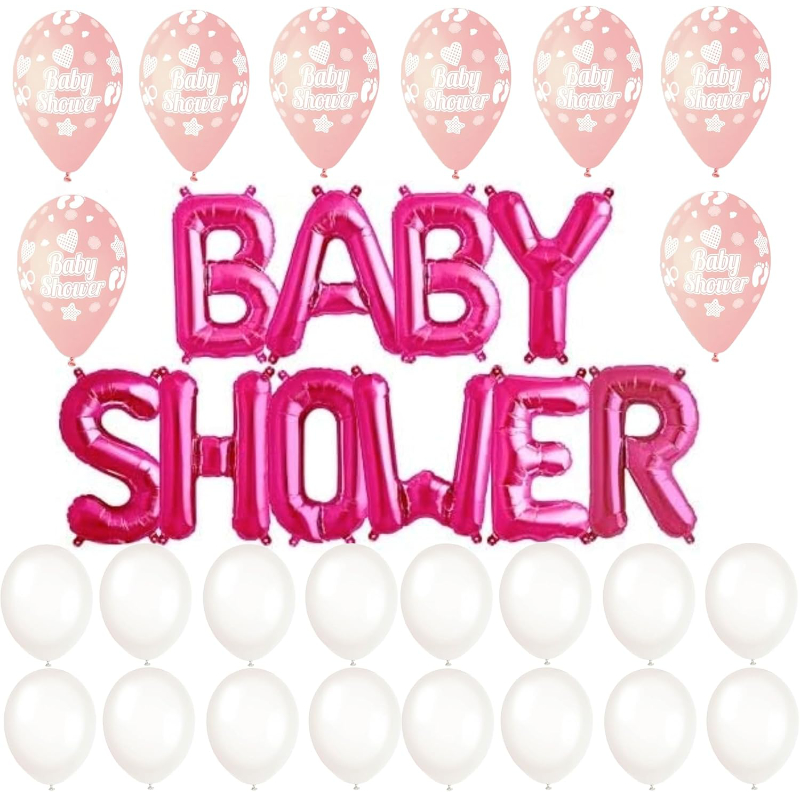 Pink & White Baby Shower Balloon Pack - 1 x 41cm (16") Baby Shower Balloon Banner, 10 x 31cm (12") Spotty Latex & 10 x 31cm (12") Plain Latex Balloons