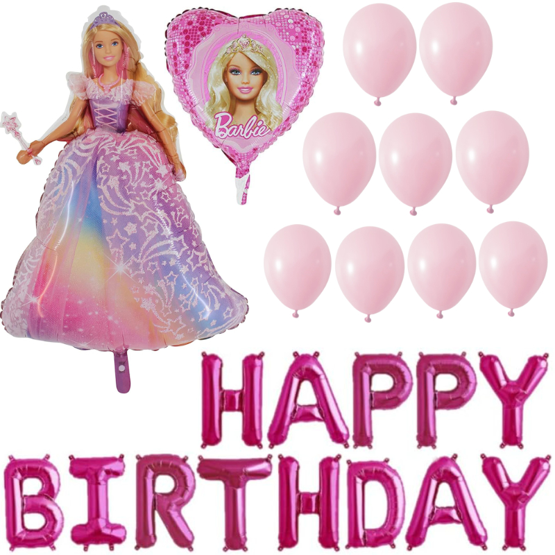 Barbie Birthday Balloon Pack - 1 x 41cm (16") Happy Birthday Balloon Banner, 1 x 106cm (42") Character Balloon, 1 x 46cm (18") Heart Shaped Balloon & 20 x Latex Balloons