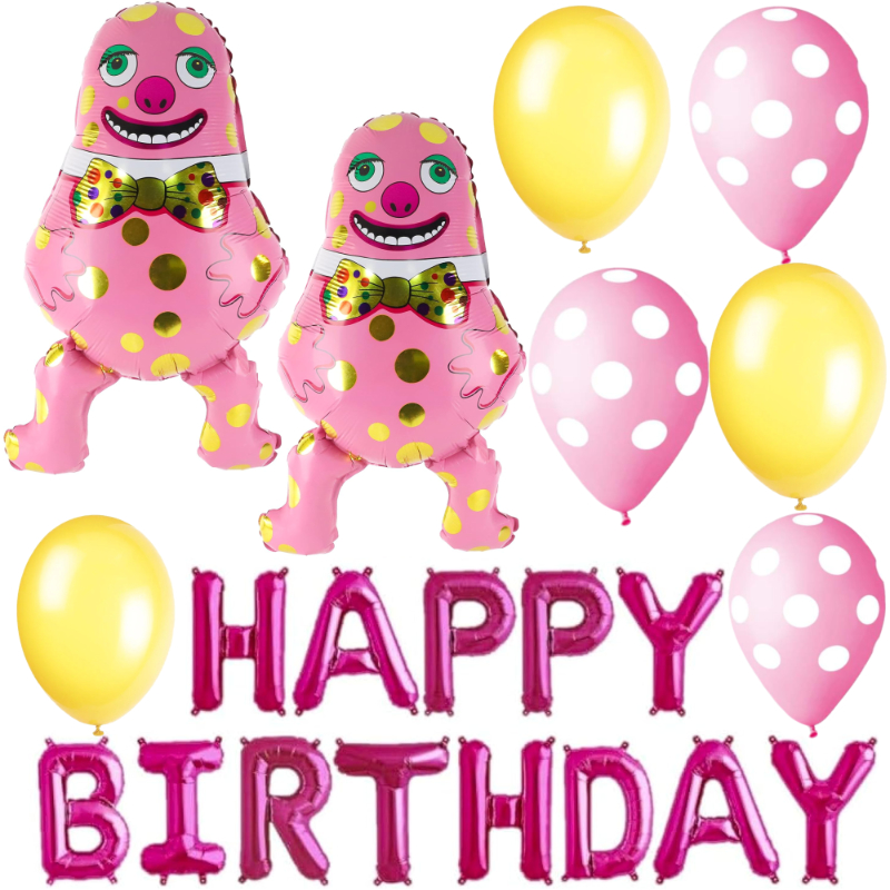 Mr Blobby Birthday Balloon Pack - 1 x 41cm (16") Happy Birthday Balloon Banner, 2 x 74cm (29") Character Shape Balloons & 20 x Mixed Polka Dot Latex Balloons