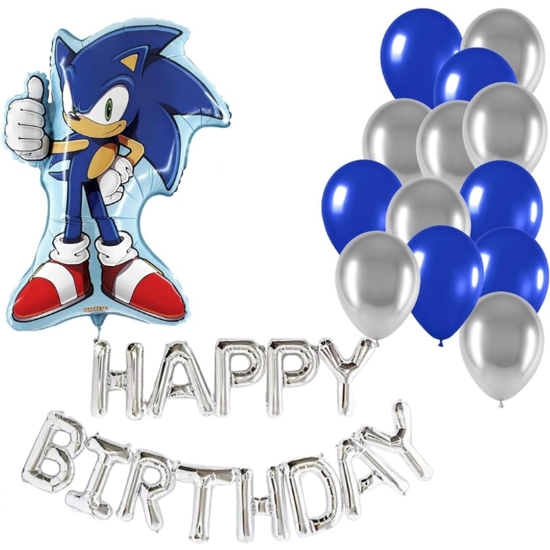 Sonic The Hedgehog Birthday Balloon Pack - 1 x 41cm (16") Happy Birthday Balloon Banner, 1 x 74cm (29") Character Balloons, 2 x 46cm (18") Round Balloons & 20 x Blue Latex Balloons